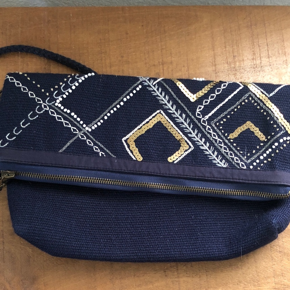 Noonday Collection Navy Crossbody Clutch with Gold and White Embroidery